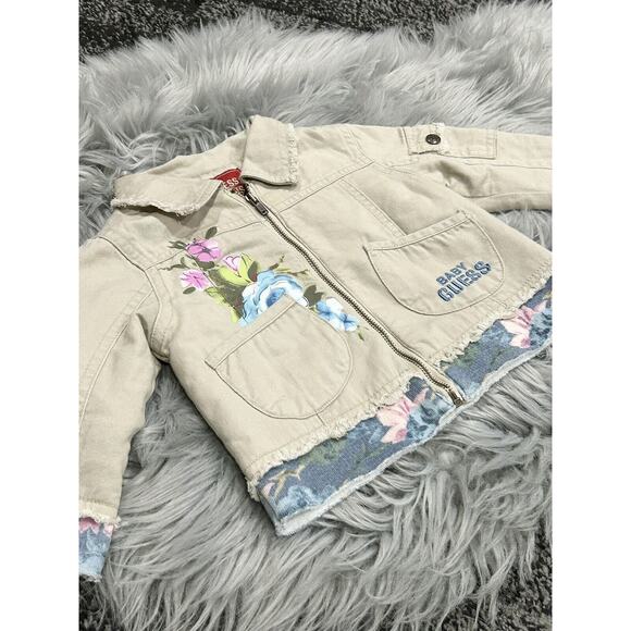 Guess Baby Embroidered Khaki Denim Zip‎ Up Floral Jacket 12 Month - Picture 2 of 6